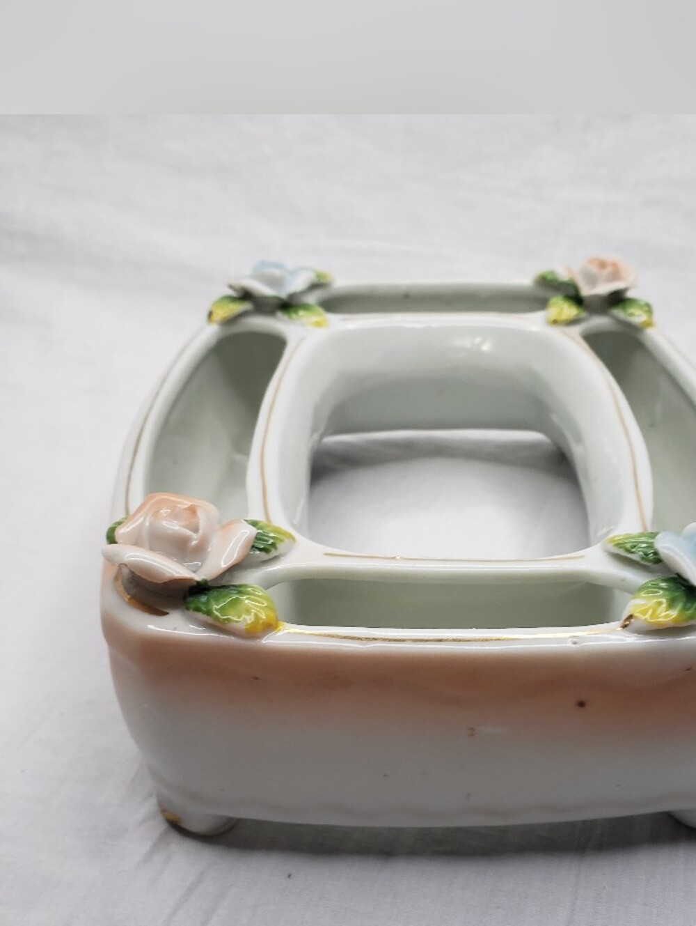 Rectangular Midcentury Ceramic Flower Ring Japan Roses - Picture 8 of 11